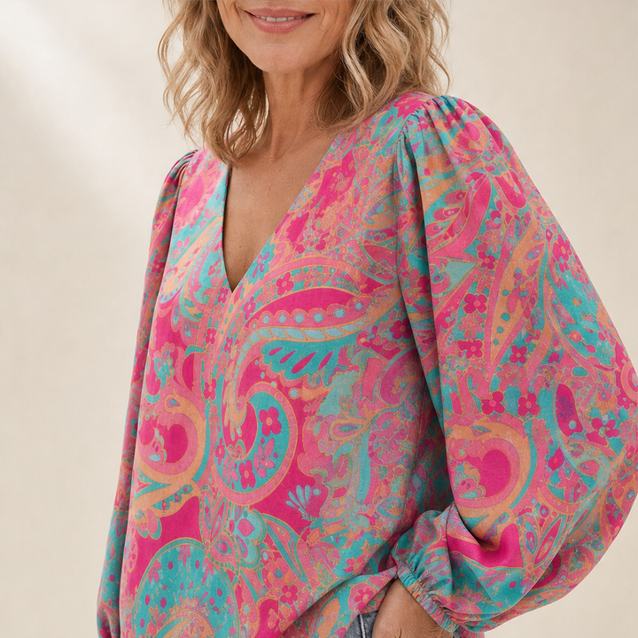 Paisleigh – V-Neck Puff Sleeve Printed Loose Top + 50% OFF lifestyle