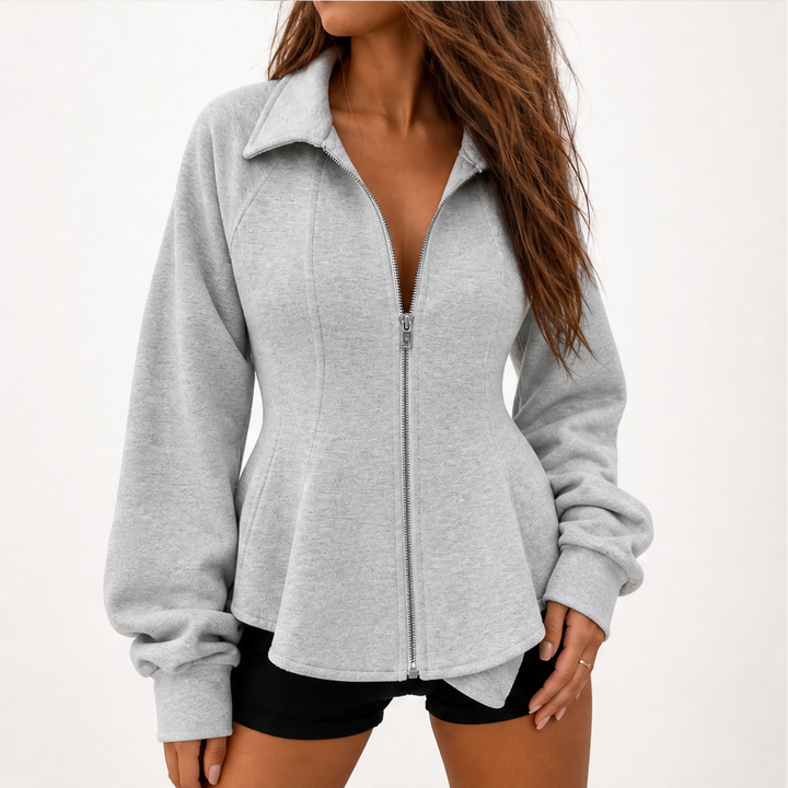 Waistelle – Corset-Seam Peplum Zip-Up Jacket with Puff Sleeves + 50% OFF lifestyle