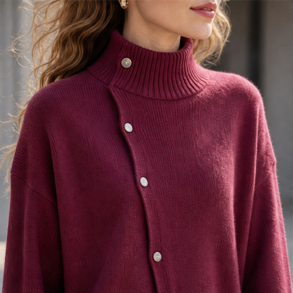 Millbron – Oversized Turtleneck Cardigan with Asymmetrical Buttons + 50% OFF lifestyle