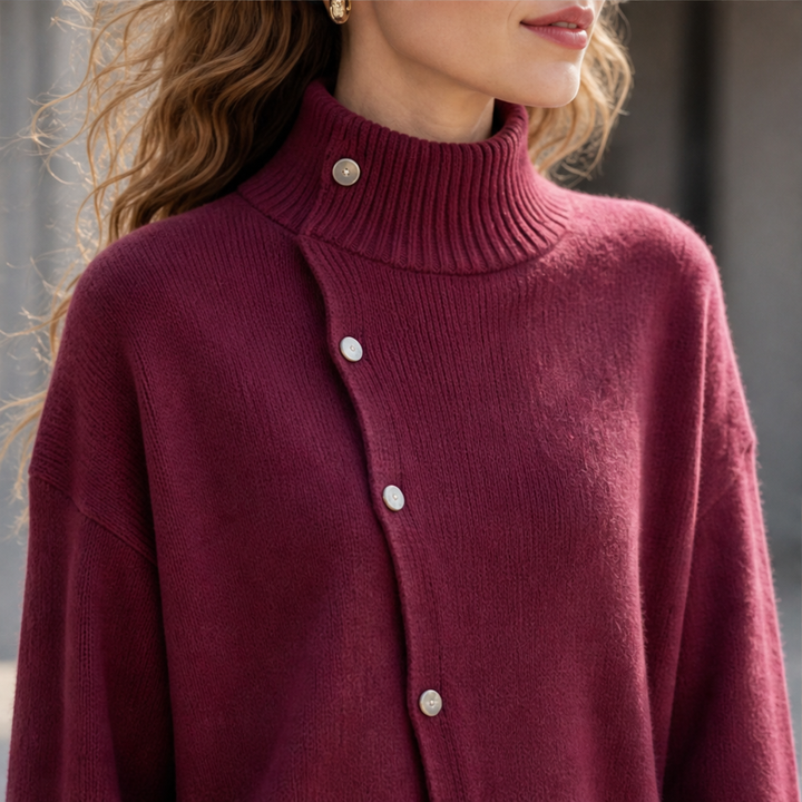 Millbron – Oversized Turtleneck Cardigan with Asymmetrical Buttons + 50% OFF lifestyle