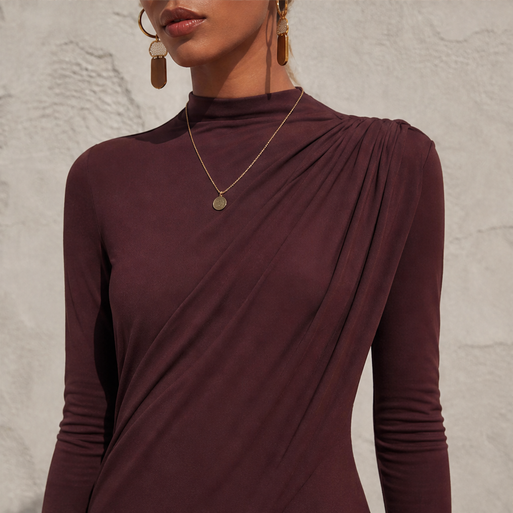 Solvienne – Draped High Neck High Slit Evening Gown + 50% OFF lifestyle