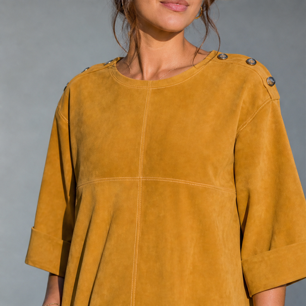 Suedona – Buttoned Shoulder Faux Suede Mini Dress with Pockets + 50% OFF lifestyle