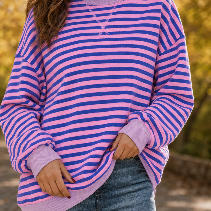 Cozelle – Striped Lantern-Sleeve Oversized Pullover Sweatshirt + 50% OFF lifestyle