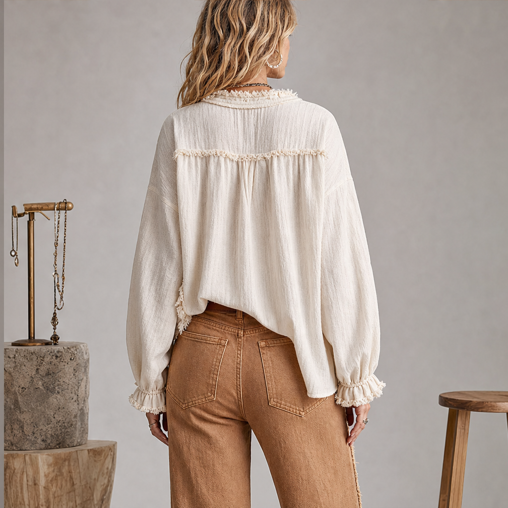Frayvel – Raw-Frayed Trim Boho Long-Sleeve Shirt + 50% OFF lifestyle