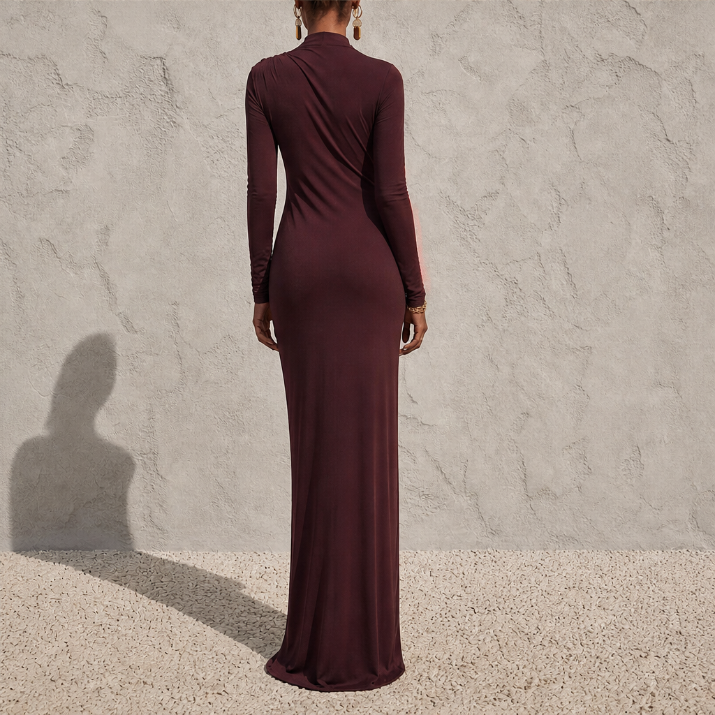 Solvienne – Draped High Neck High Slit Evening Gown + 50% OFF lifestyle