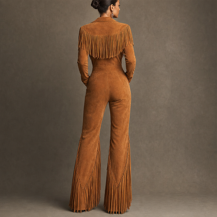 Sagebrush – Western Fringe Faux Suede Zip-Up Jumpsuit + 50% OFF lifestyle