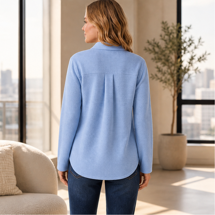 Willowick – Crossover Hem Waffle Knit Button Top + 50% OFF lifestyle