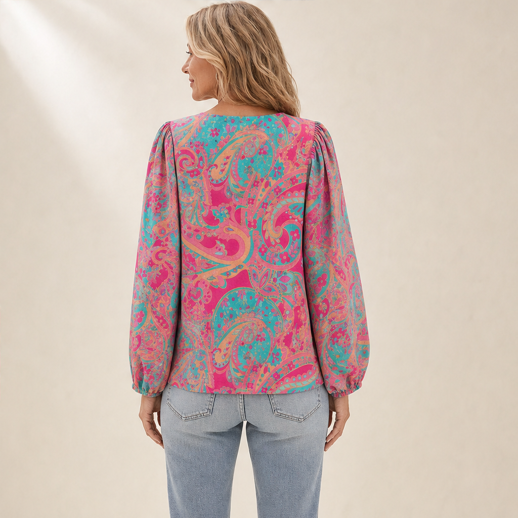 Paisleigh – V-Neck Puff Sleeve Printed Loose Top + 50% OFF lifestyle