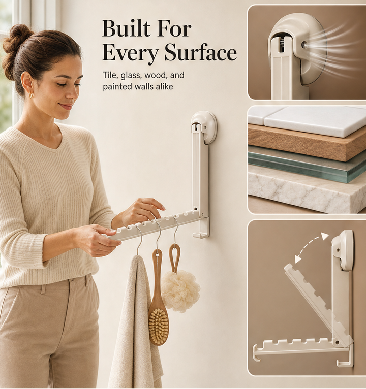 Foldrail – Fold-Flat Suction Cup Drying Rack for Tight Spaces + 50% OFF features