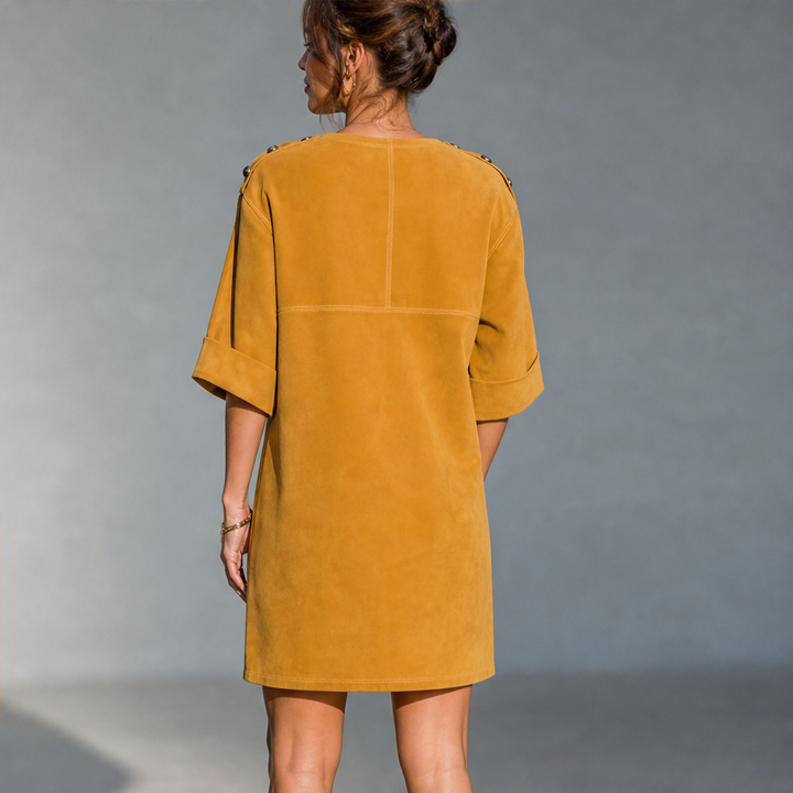 Suedona – Buttoned Shoulder Faux Suede Mini Dress with Pockets + 50% OFF lifestyle