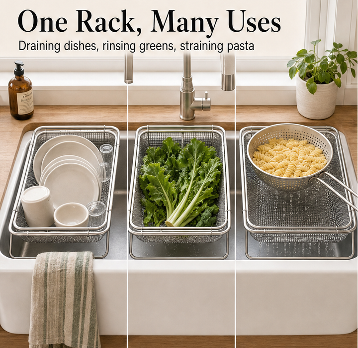 RailBasket – Expandable Stainless Steel Over Sink Dish Drying Rack + 50% OFF detail