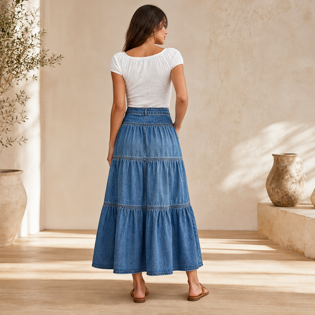 Westbloom – High-Waisted Tiered A-Line Cowboy Denim Maxi Skirt + 50% OFF lifestyle