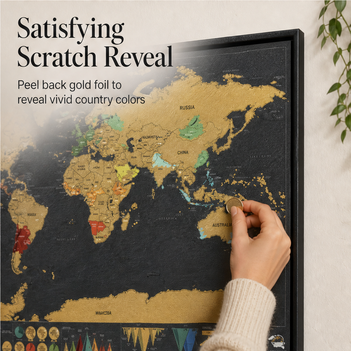 Voyagold – Scratch-Off Gold Foil World Map Travel Art + 50% OFF features