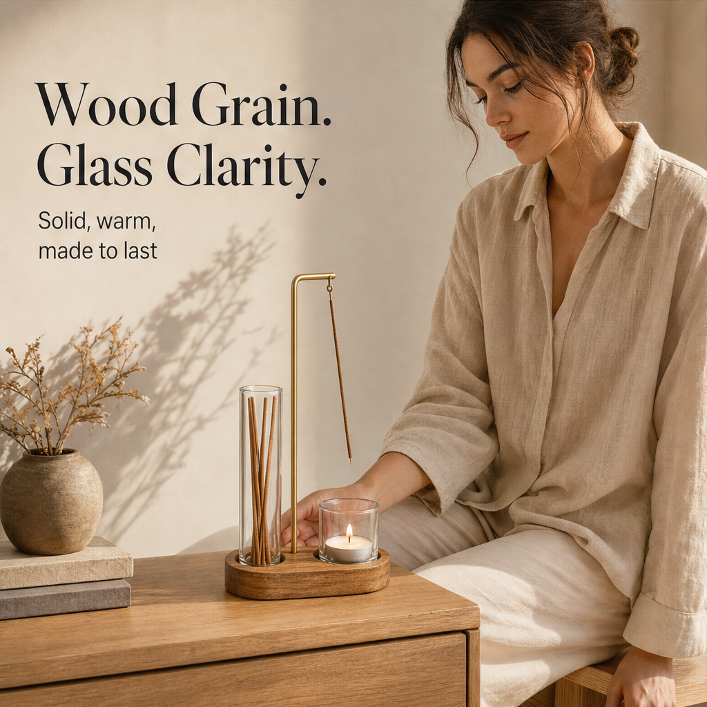 Ashendale – Wood Base 2-in-1 Incense &amp; Candle Holder + 50% OFF features