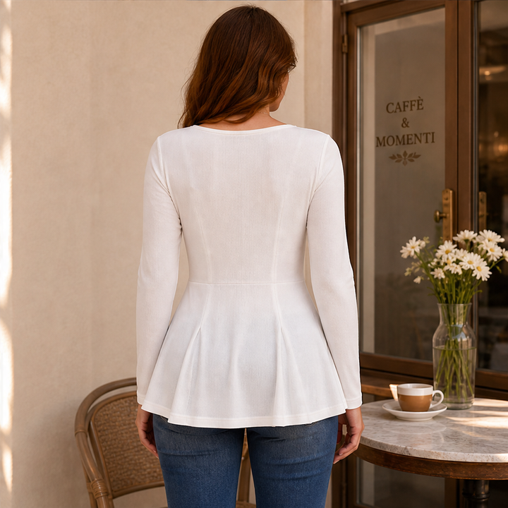 Fleurmont – V-Neck Peplum Top with Metallic Flower Accents + 50% OFF lifestyle