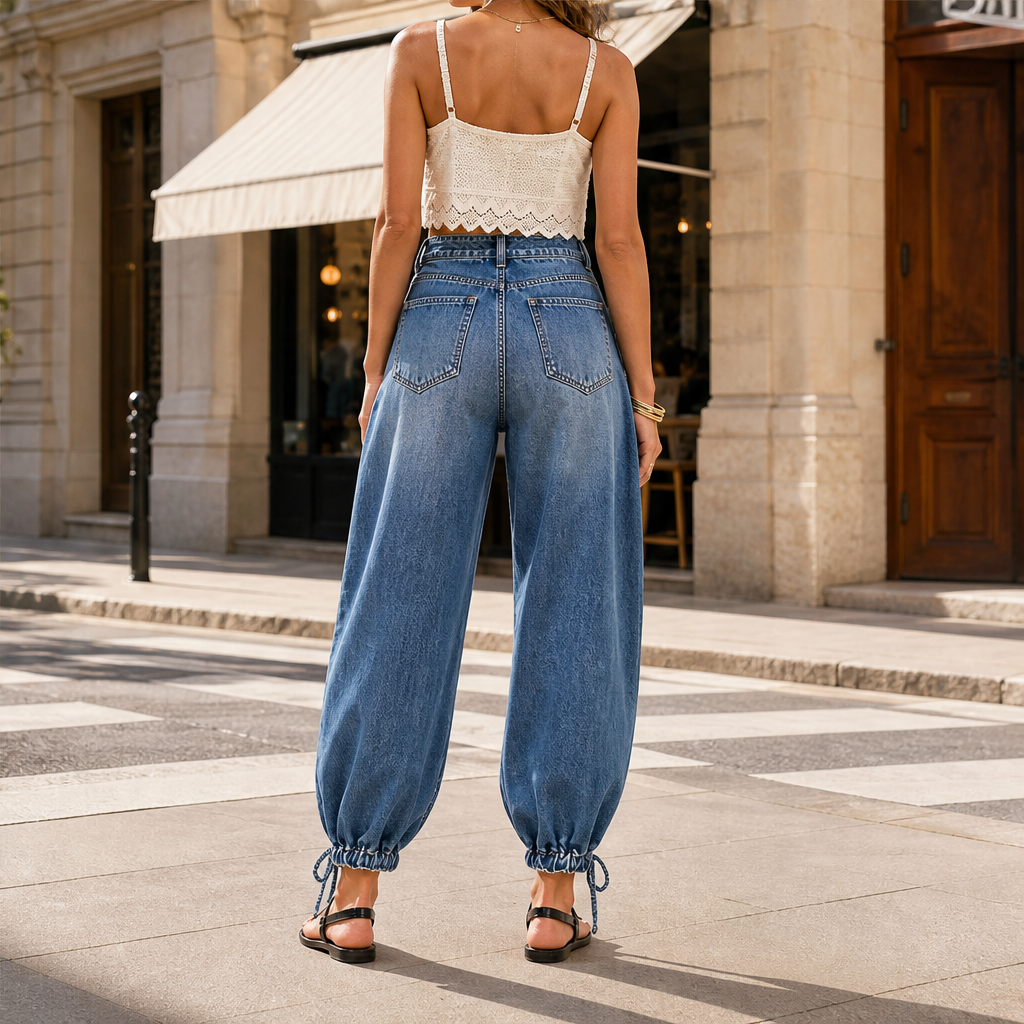 Barrelune – High Waisted Stretch Barrel Jeans with Tie Ankle Hem + 50% OFF lifestyle