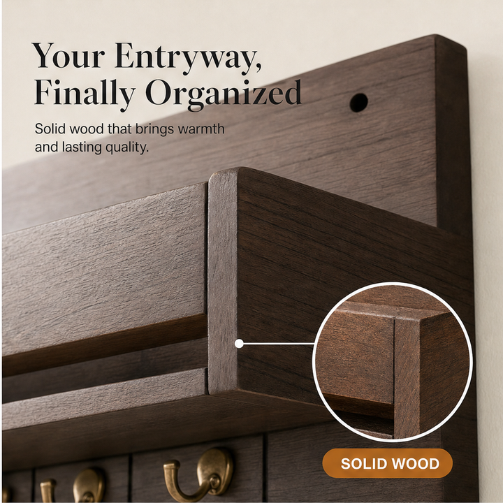 Oakhollow – Solid Wood Entryway Organizer with Key Hooks and Shelf + 50% OFF features