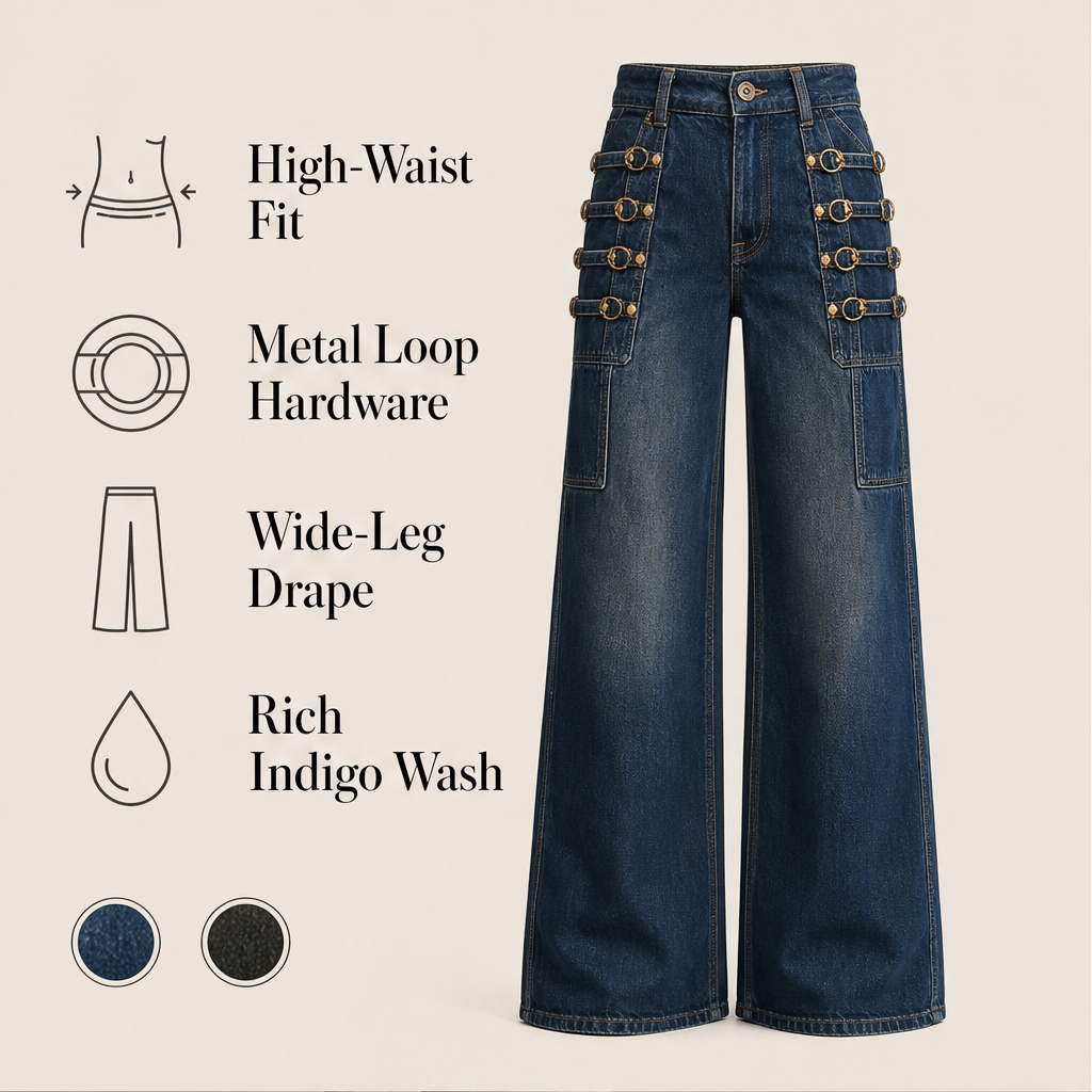 Buckridge – Gold Ring Buckle Wide-Leg High-Waist Cargo Jeans + 50% OFF features