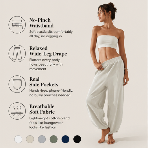 Alcove Palazzo – Elastic Waist Wide Leg Harem Pants with Pockets features