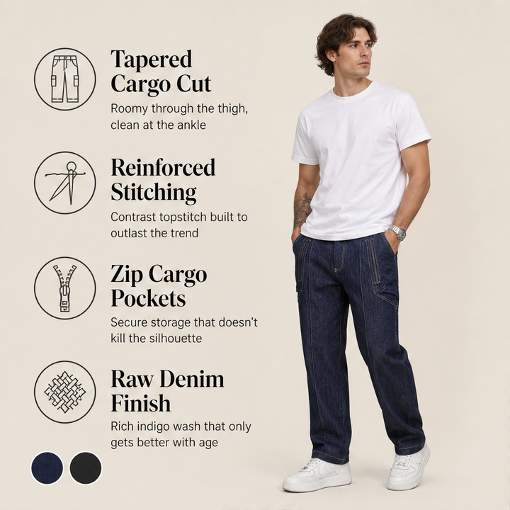 Denwick – Faux Denim Stretch Cargo Pants with Zip Pockets + 50% OFF features