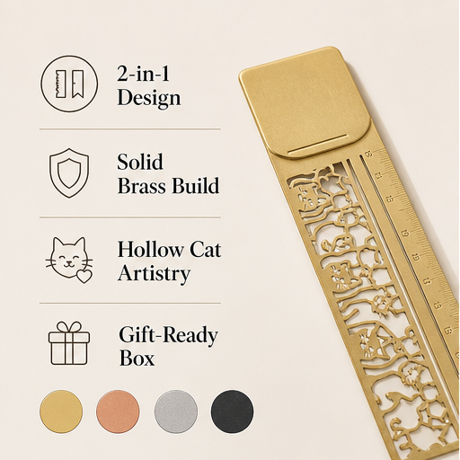 Purrline – 2-in-1 Brass Cat Bookmark &amp; Ruler + 1+1 FREE features