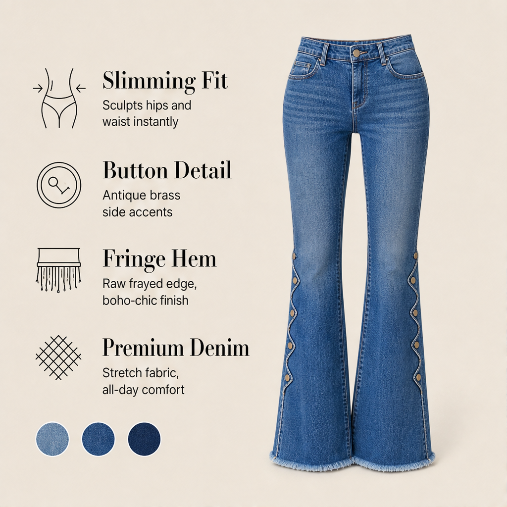 Fernbelle – Scalloped Button Flare Jeans with Raw Hem + 50% OFF features