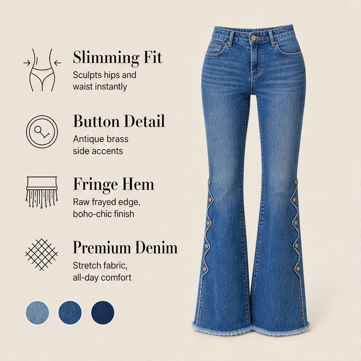 Fernbelle – Scalloped Button Flare Jeans with Raw Hem + 50% OFF features