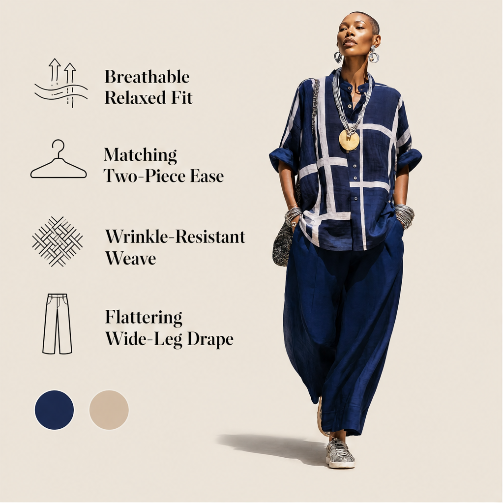 Linalour – Breathable Grid-Print Shirt &amp; Wide-Leg Pants Set + 50% OFF features