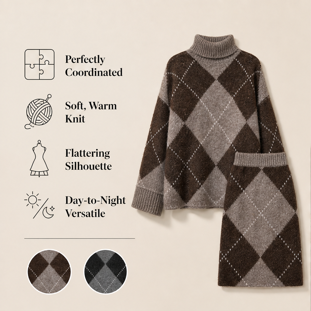 Fernbrooke – Matching Argyle Turtleneck Sweater &amp; Skirt Knit Set + 50% OFF features