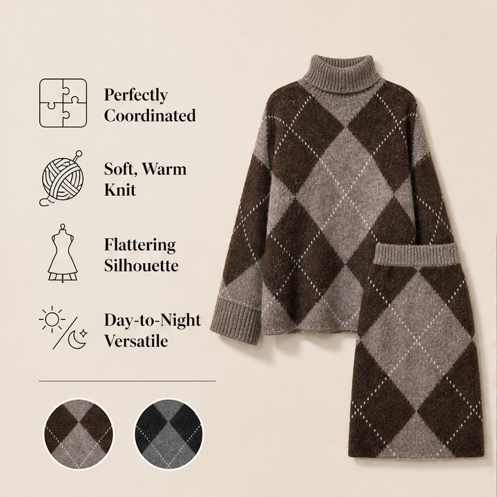 Fernbrooke – Matching Argyle Turtleneck Sweater &amp; Skirt Knit Set + 50% OFF features