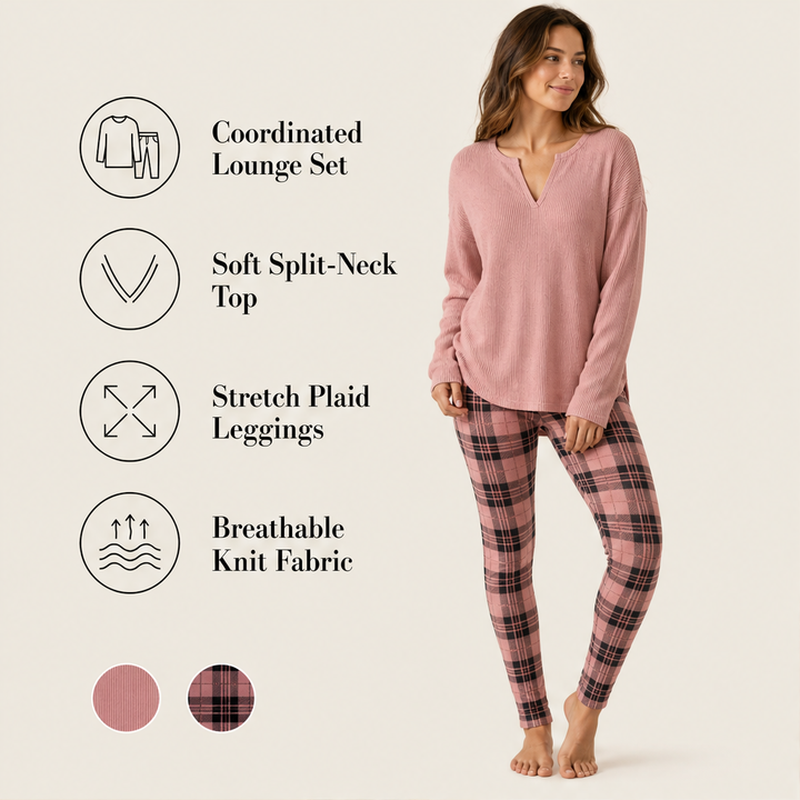 Nestcove – Ribbed Knit Top and Plaid Legging Loungewear Set + 50% OFF features