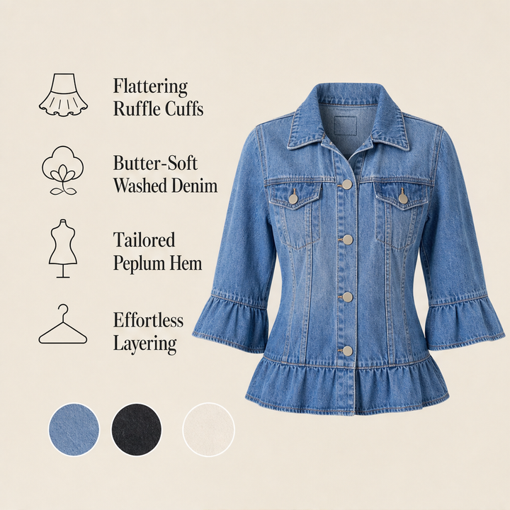 Ruffleigh – Ruffle Cuff Peplum Fit Washed Denim Jacket + 50% OFF features