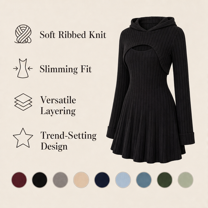 Ribaline – Ribbed Knit Two-Piece Hoodie Dress Set + 50% OFF features