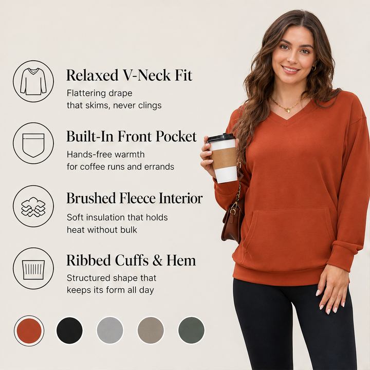 Softmere – Kangaroo Pocket V-Neck Oversized Sweatshirt + 50% OFF features