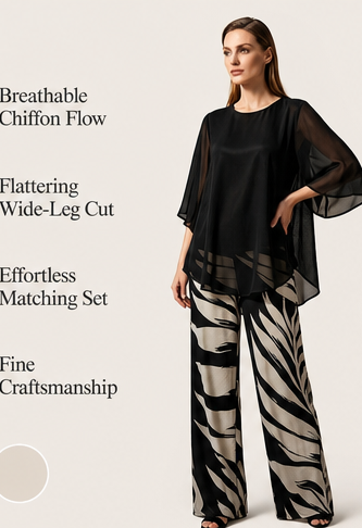 Vaelora – Flowy Chiffon Top &amp; Wide-Leg Printed Pants Matching Set + 50% OFF features