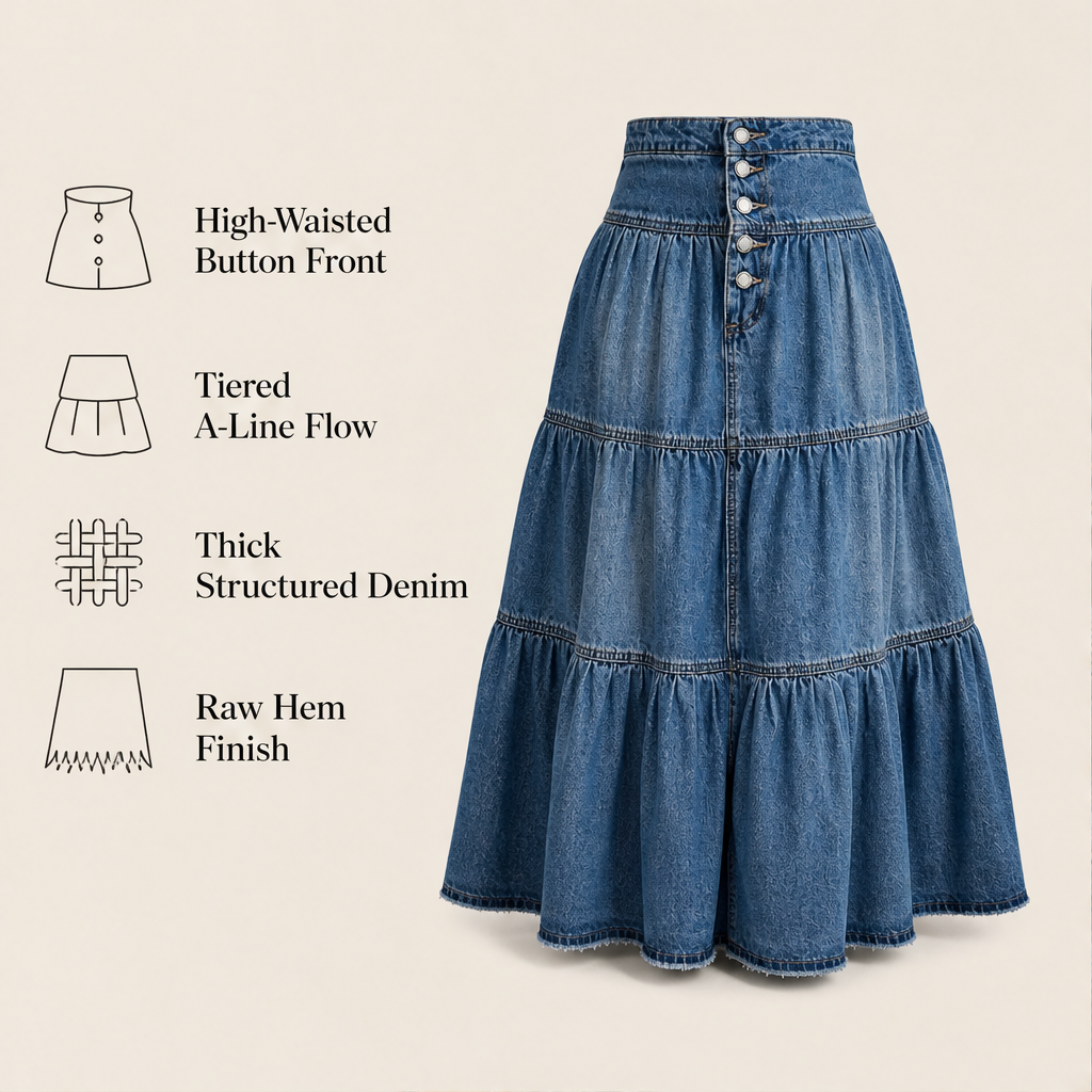 Westbloom – High-Waisted Tiered A-Line Cowboy Denim Maxi Skirt + 50% OFF features