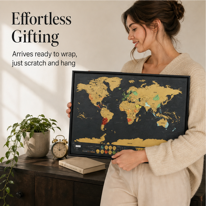 Voyagold – Scratch-Off Gold Foil World Map Travel Art + 50% OFF features