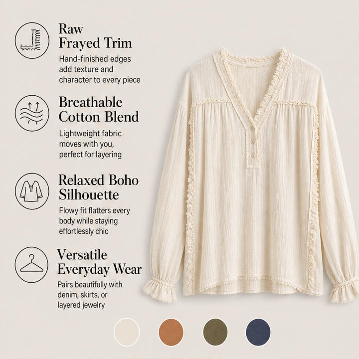 Frayvel – Raw-Frayed Trim Boho Long-Sleeve Shirt + 50% OFF features