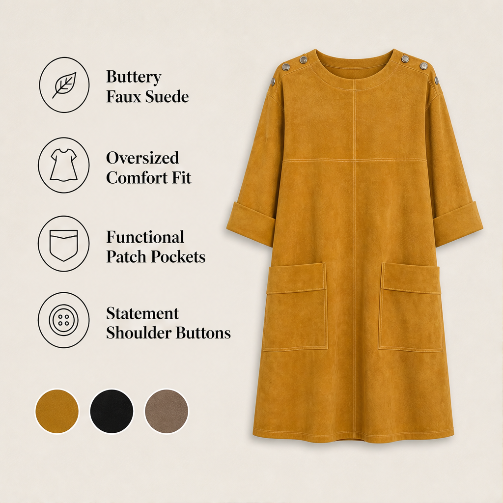 Suedona – Buttoned Shoulder Faux Suede Mini Dress with Pockets + 50% OFF features