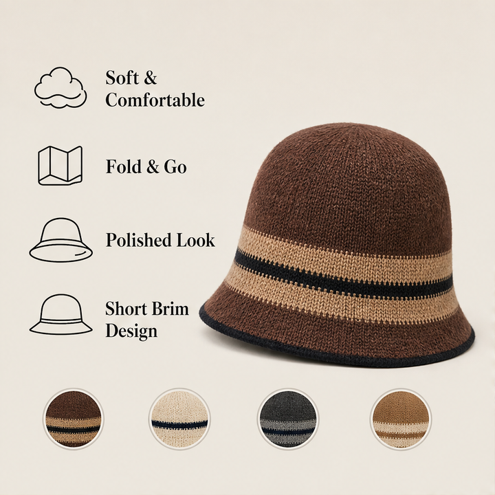 Clochet – Foldable Striped Knit Cloche Bucket Hat + 50% OFF features