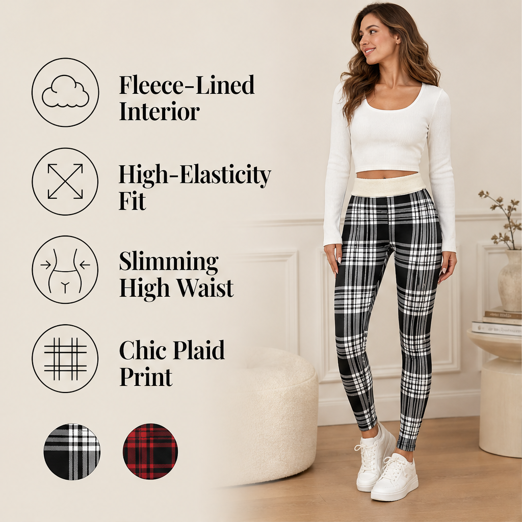Hearthloom – Fleece-Lined Plaid Leggings with Slimming High Waist + 50% OFF features