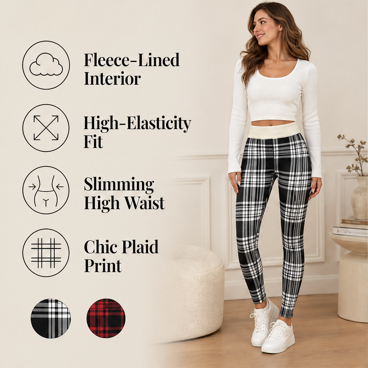 Hearthloom – Fleece-Lined Plaid Leggings with Slimming High Waist + 50% OFF features