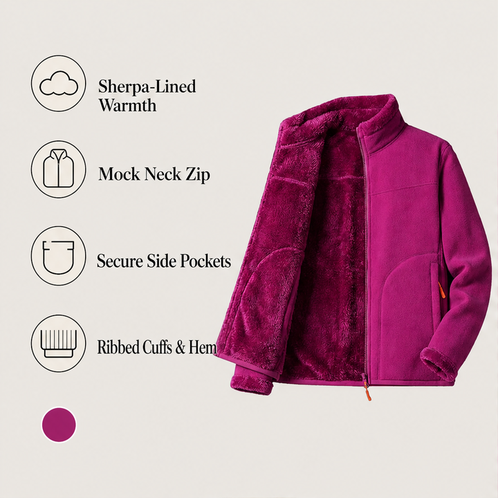 Sherpelle – Sherpa-Lined Reversible Mock Neck Zip Jacket + 50% OFF features