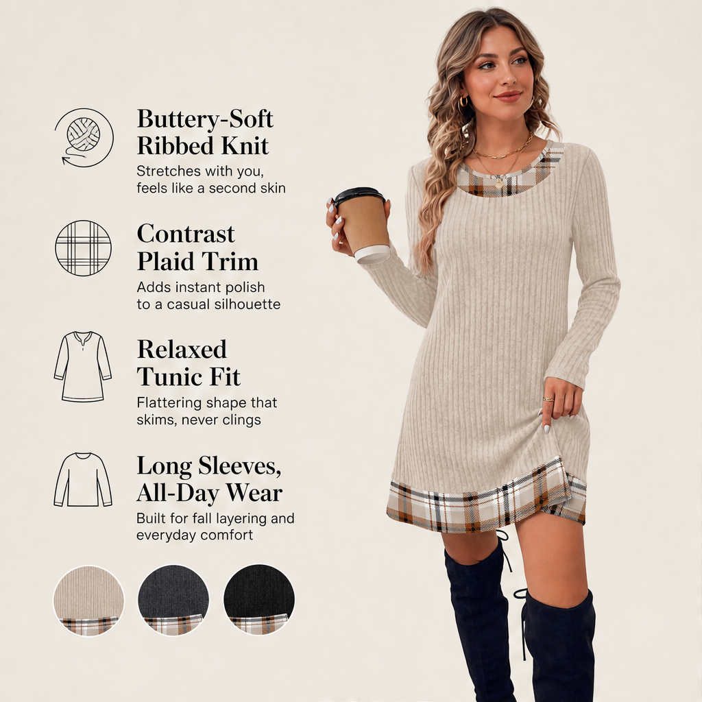 Knitfold – Layered-Look Ribbed Knit Tunic Dress with Plaid Trim + 50% OFF features