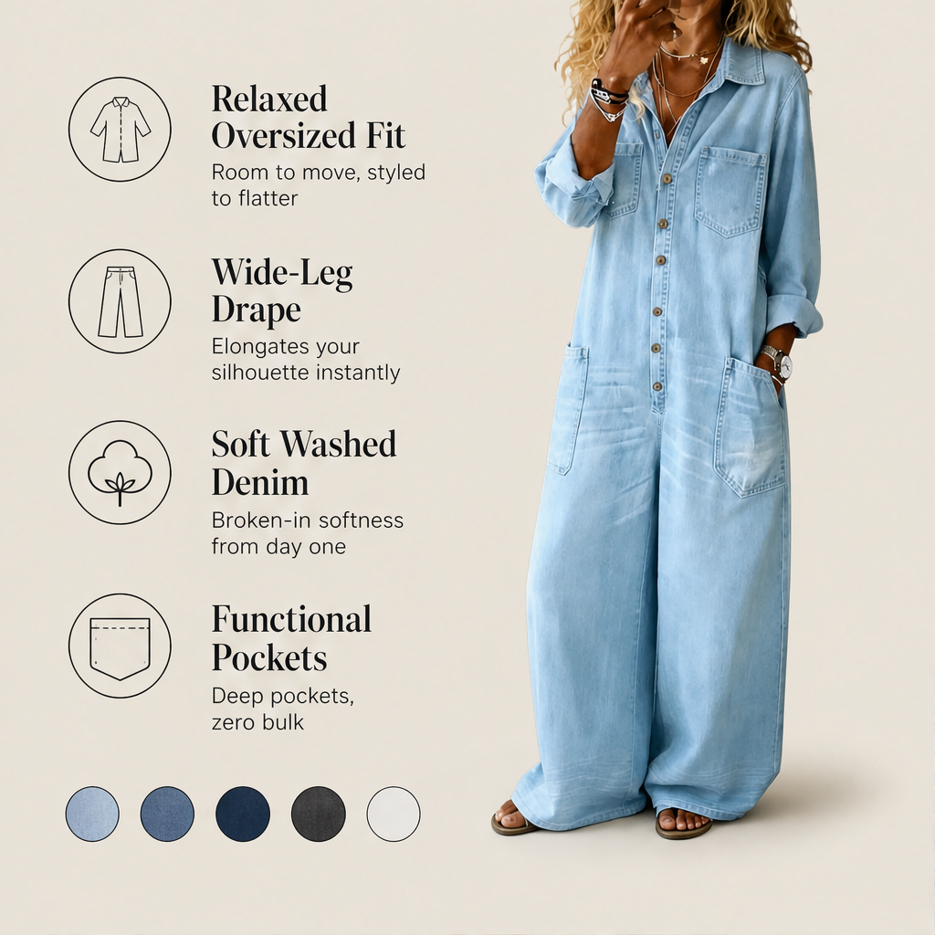 Wrenfield – Collared Wide-Leg Denim Jumpsuit + 50% OFF features
