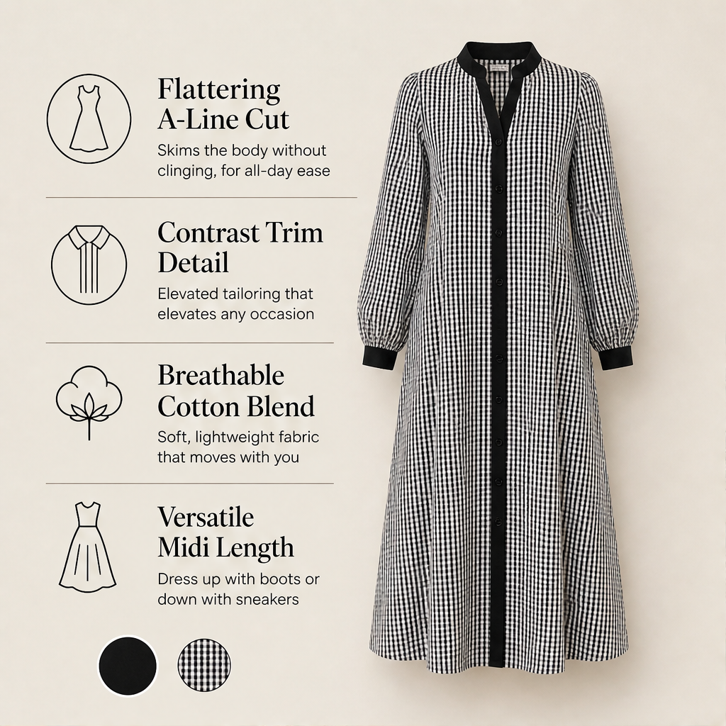 Marlowick – Contrast Trim Gingham A-Line Shirt Dress + 50% OFF features
