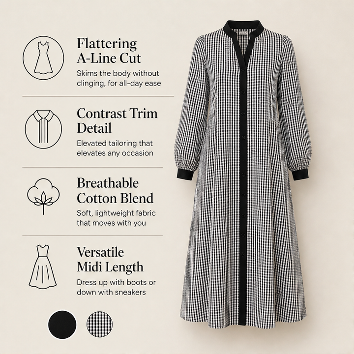 Marlowick – Contrast Trim Gingham A-Line Shirt Dress + 50% OFF features