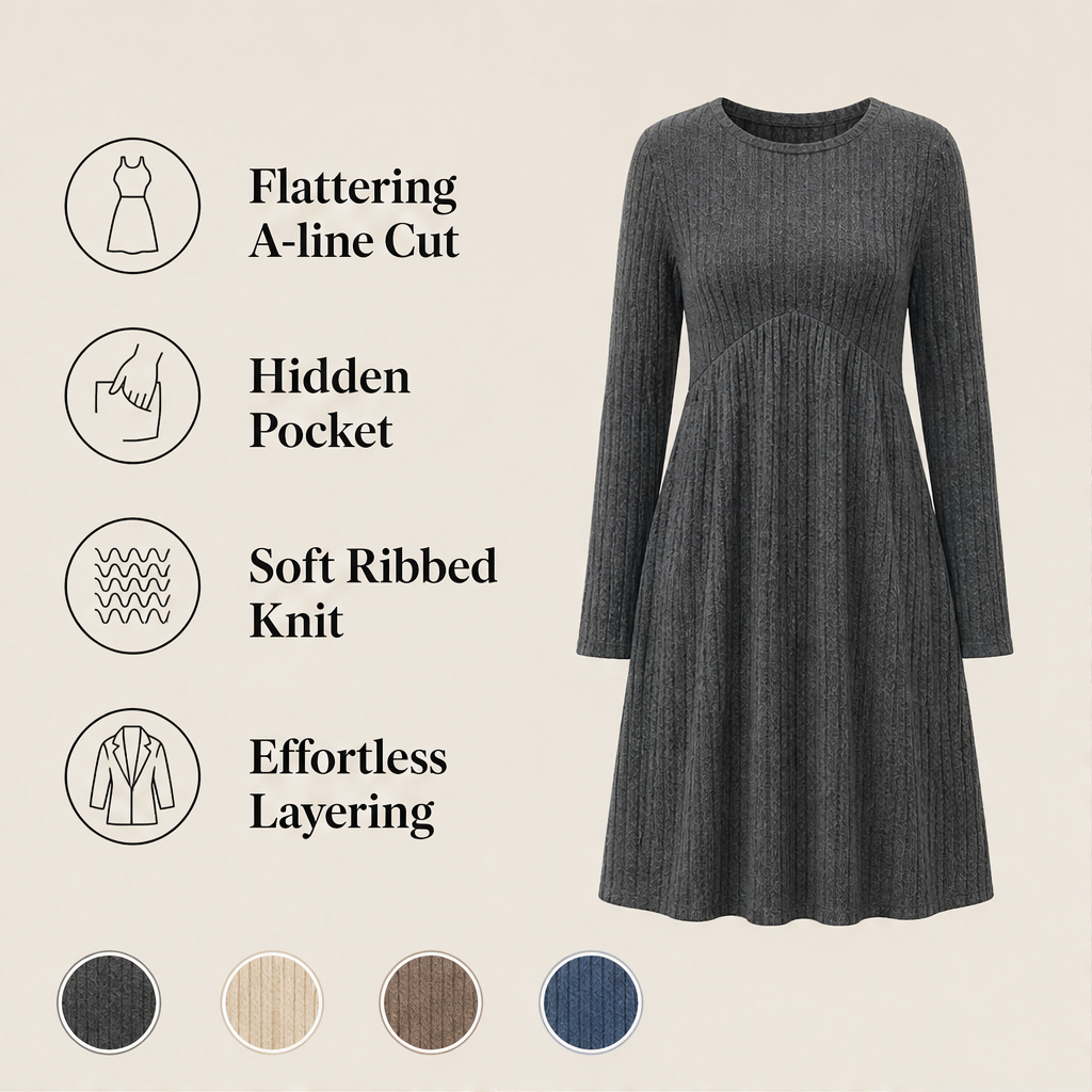 Cambrielle – Ribbed A-Line Midi Dress with Hidden Pockets + 50% OFF features