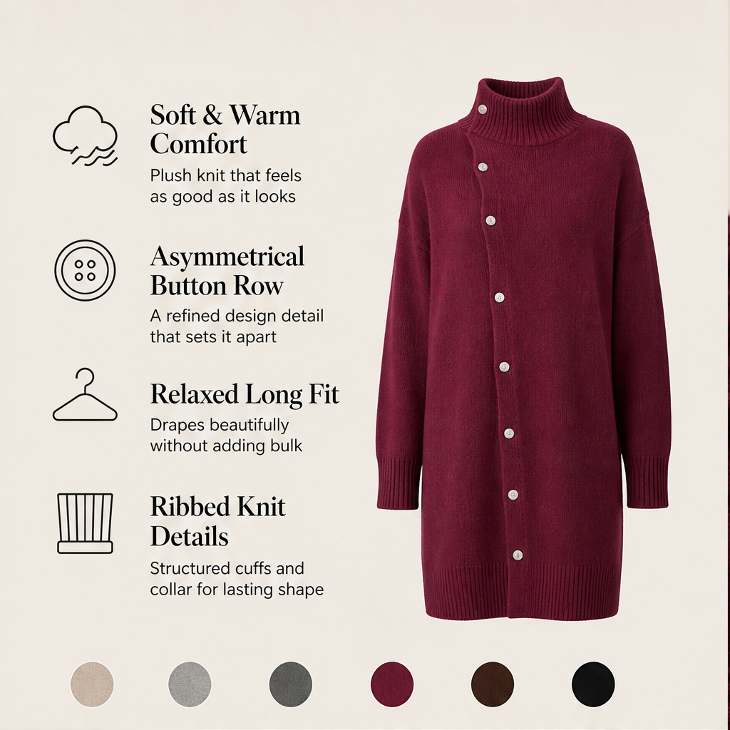 Millbron – Oversized Turtleneck Cardigan with Asymmetrical Buttons + 50% OFF features