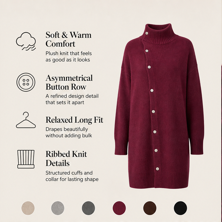Millbron – Oversized Turtleneck Cardigan with Asymmetrical Buttons + 50% OFF features